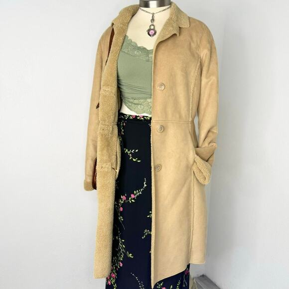Y2K Tan Faux Suede Coat Longline Penny Lane Afghan Coat - Picture 1 of 7